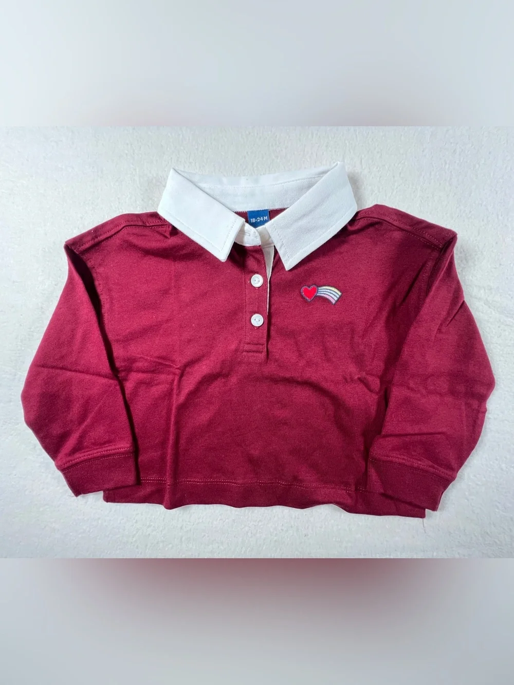 Old Navy Burgundy Long-Sleeve Polo with White Collar and Heart Patch NWT